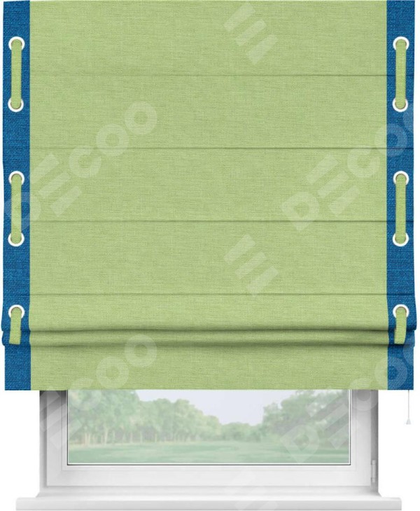 Римская штора «Кортин» с кантом Стрим Дуо (люверсы с пояском), для проема, ткань лён зеленый