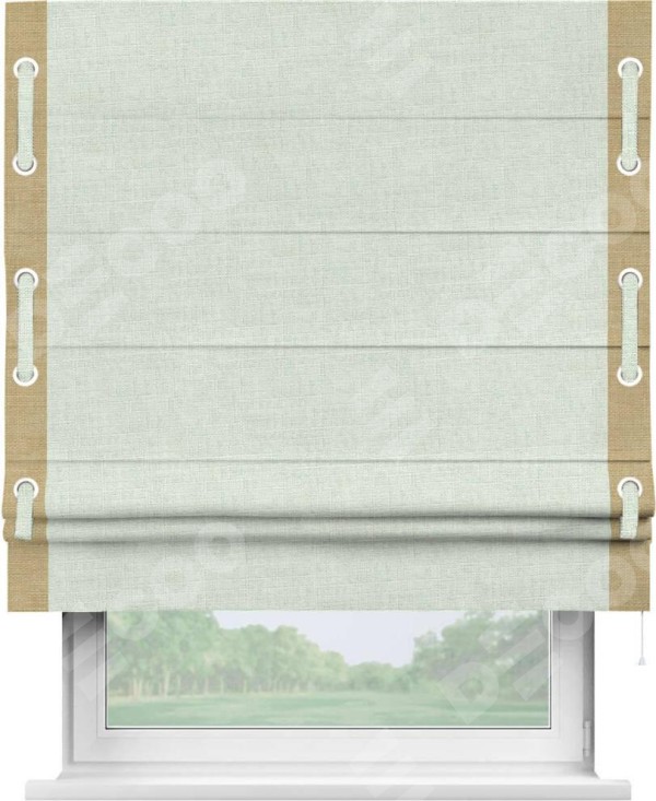 Римская штора «Кортин» для проёма, лён топлёное молоко, с кантом Стрим Дуо (люверсы с пояском)