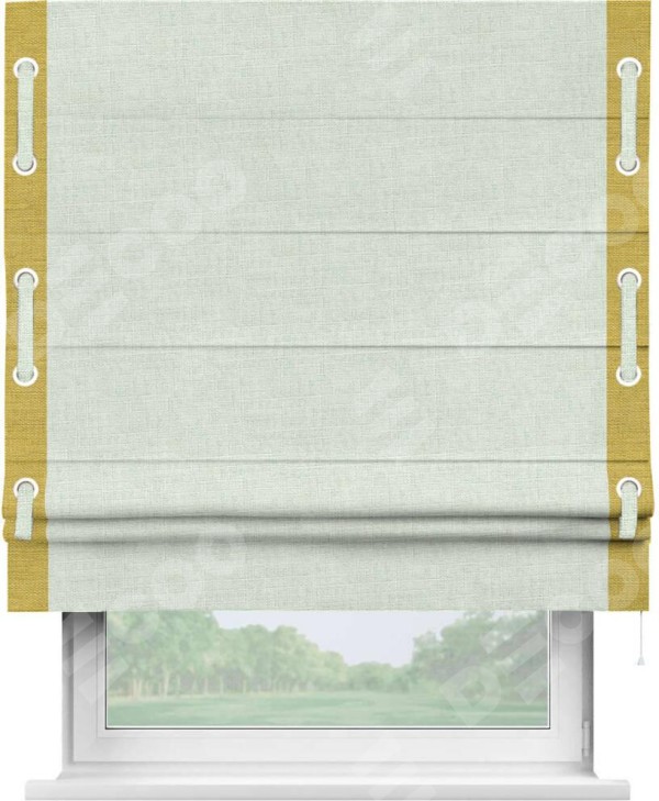 Римская штора «Кортин» для проёма, лён топлёное молоко, с кантом Стрим Дуо (люверсы с пояском)