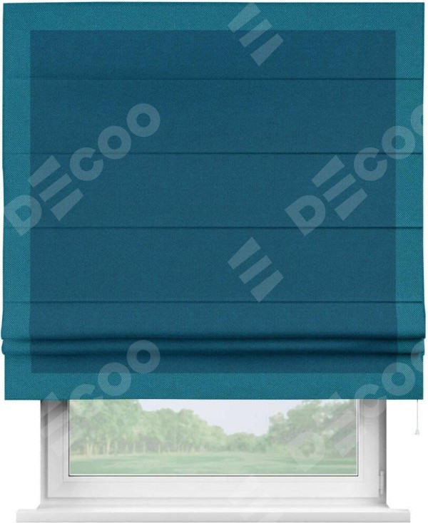 Римская штора «Кортин» с кантом Чесс, для проема, ткань лён димаут, синий