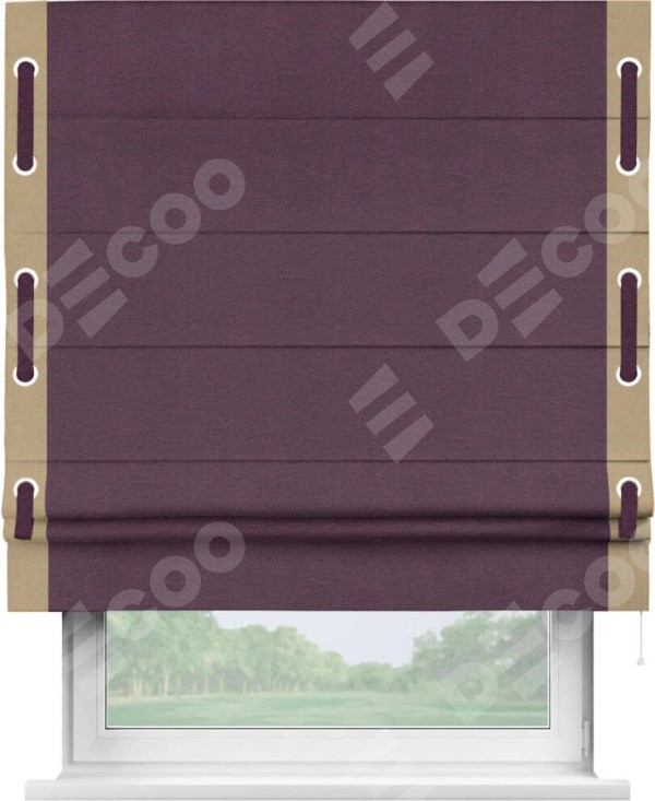Римская штора «Кортин» с кантом Стрим Дуо (люверсы с пояском), для проема, ткань лён димаут, фиолетовый