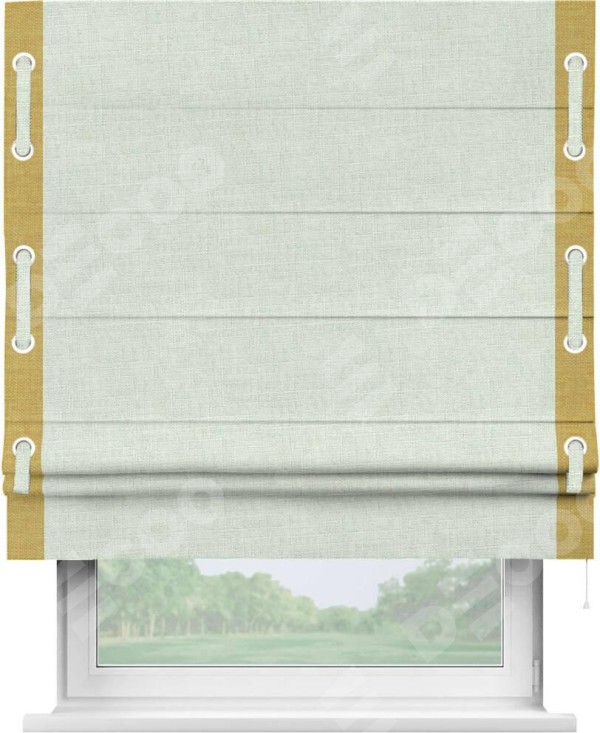 Римская штора «Кортин» для проёма, лён топлёное молоко, с кантом Стрим Дуо (люверсы с пояском)