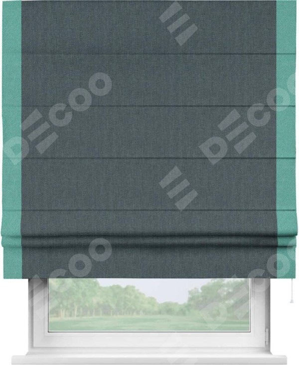 Римская штора «Кортин» с кантом Стрим Дуо, для проема, ткань лён димаут, серо-синий