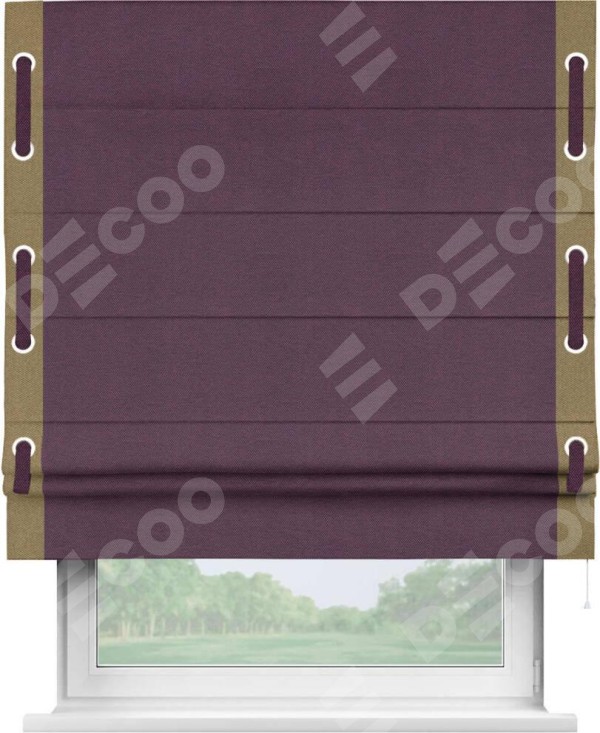 Римская штора «Кортин» с кантом Стрим Дуо (люверсы с пояском), для проема, ткань лён димаут, фиолетовый