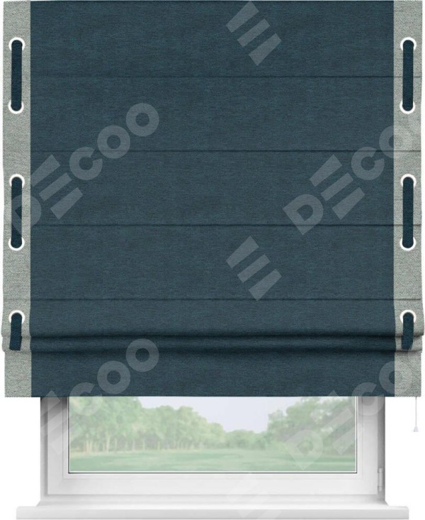 Римская штора «Кортин» с кантом Стрим Дуо (люверсы с пояском), для проема, ткань твид блэкаут, глубокий синий