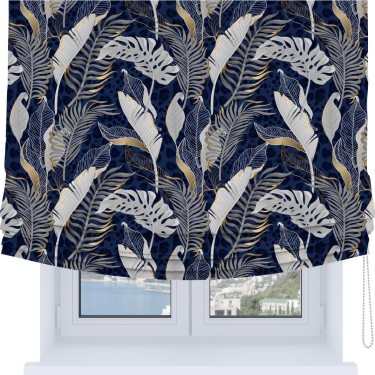 Римская штора Soft с мягкими складками, «Сине-золотые джунгли»