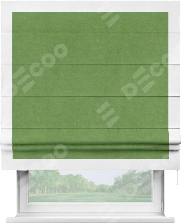 Римская штора «Кортин» с кантом Чесс, для проема, ткань вельвет салатовый