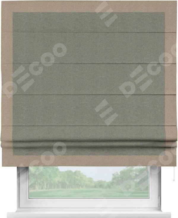 Римская штора «Кортин» с кантом Чесс, для проема, ткань лён димаут, стальной