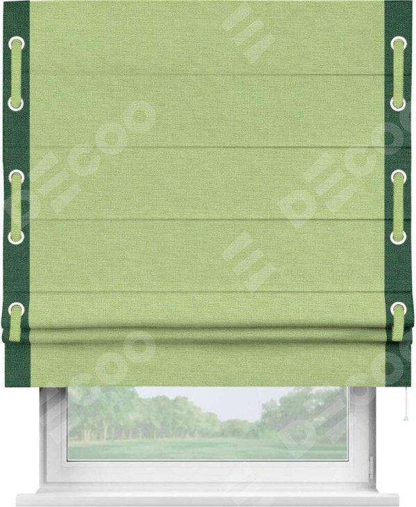 Римская штора «Кортин» с кантом Стрим Дуо (люверсы с пояском), для проема, ткань лён зеленый