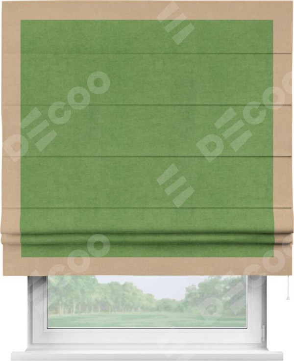 Римская штора «Кортин» с кантом Чесс, для проема, ткань вельвет салатовый