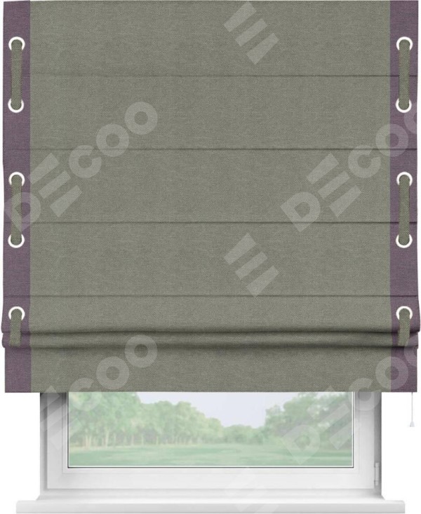 Римская штора «Кортин» с кантом Стрим Дуо (люверсы с пояском), для проема, ткань лён димаут, стальной