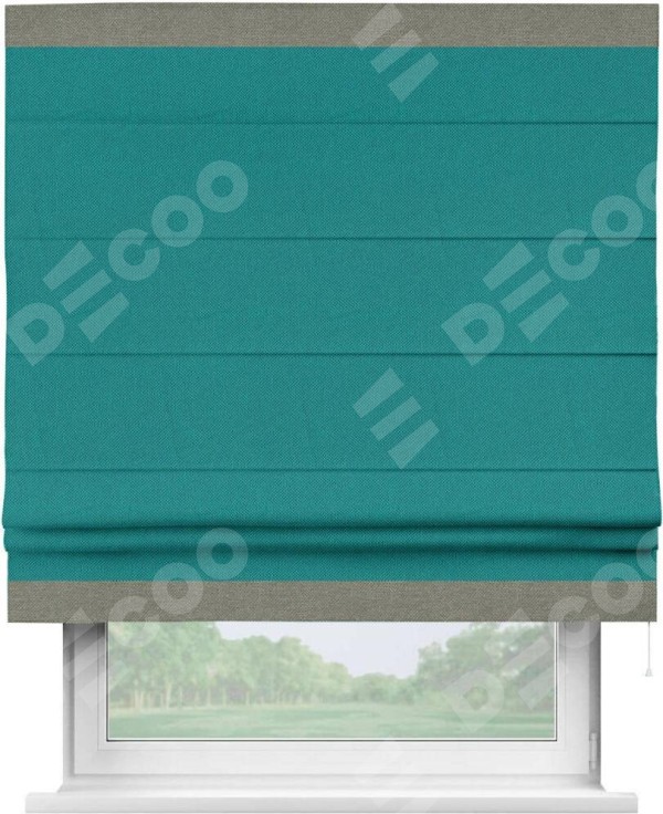 Римская штора «Кортин» с кантом Горизонт, для проема, ткань лён димаут, тёмно-бирюзовый