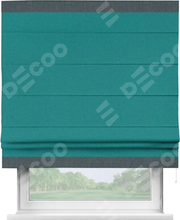 Римская штора «Кортин» с кантом Горизонт, для проема, ткань лён димаут, тёмно-бирюзовый