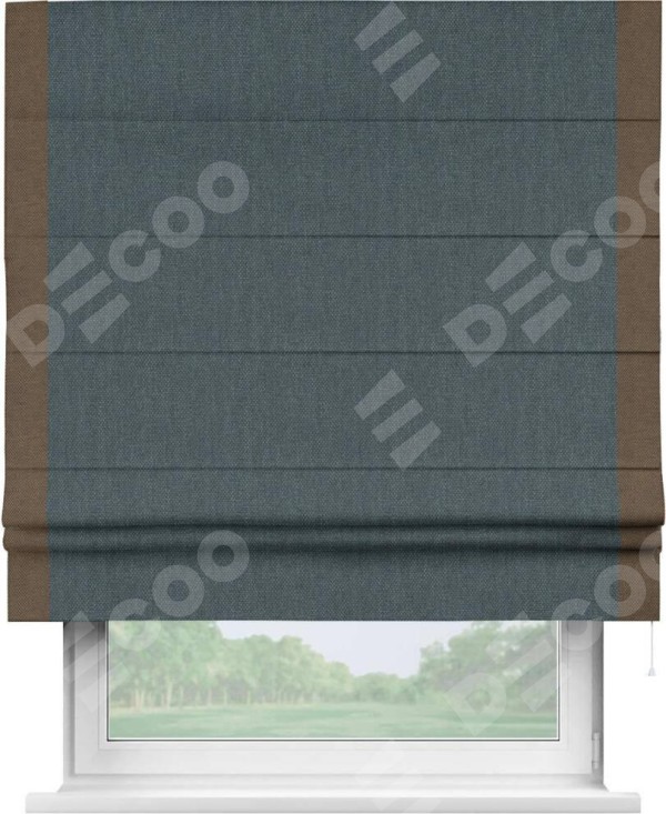 Римская штора «Кортин» с кантом Стрим Дуо, для проема, ткань лён димаут, серо-синий
