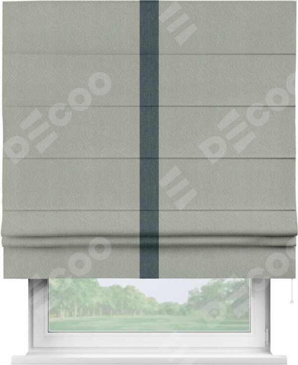 Римская штора «Кортин» отделка кантом Хайвэй, для проема, ткань лён димаут, в сером цвете