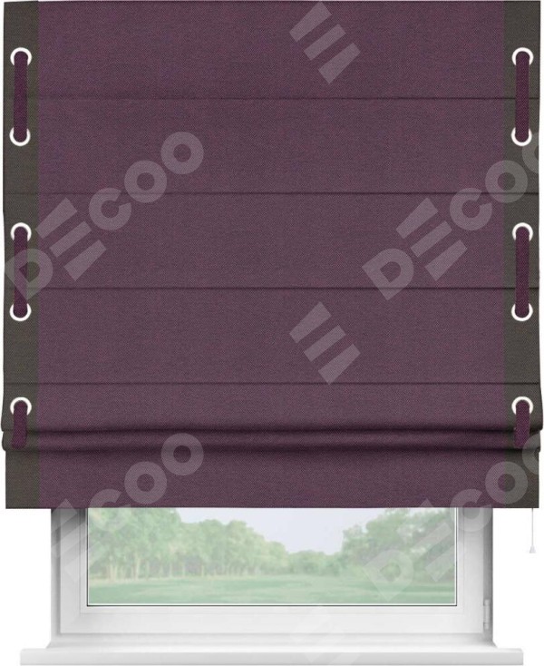 Римская штора «Кортин» с кантом Стрим Дуо (люверсы с пояском), для проема, ткань лён димаут, фиолетовый