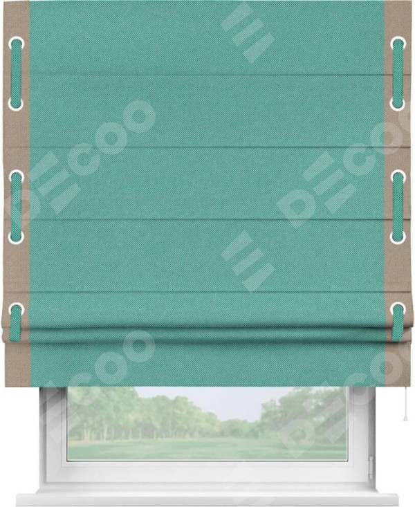 Римская штора «Кортин» с кантом Стрим Дуо (люверсы с пояском), для проема, ткань лён димаут, бирюзовый