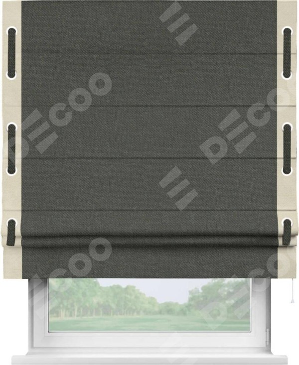 Римская штора «Кортин» с кантом Стрим Дуо (люверсы с пояском), для проема, ткань лён димаут, графитово-серый