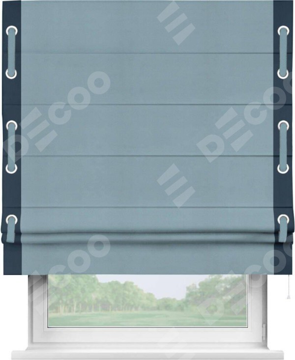 Римская штора «Кортин» с кантом Стрим Дуо (люверсы с пояском), для проема, ткань блэкаут однотонный серо-голубой