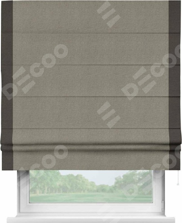 Римская штора «Кортин» с кантом Стрим Дуо, для проема, ткань лён димаут, серо-зелёный