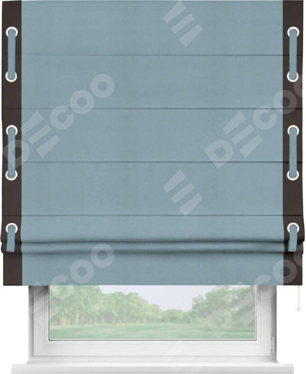 Римская штора «Кортин» с кантом Стрим Дуо (люверсы с пояском), для проема, ткань блэкаут однотонный серо-голубой