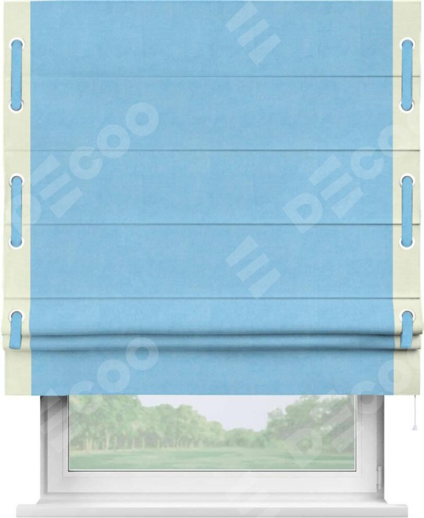 Римская штора «Кортин» с кантом Стрим Дуо (люверсы с пояском), для проема, ткань вельвет голубой