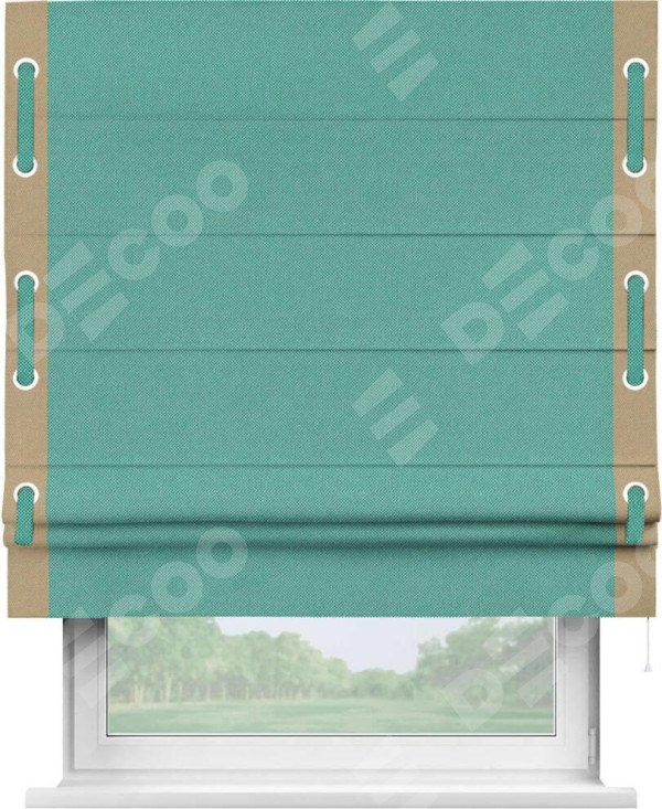 Римская штора «Кортин» с кантом Стрим Дуо (люверсы с пояском), для проема, ткань лён димаут, бирюзовый