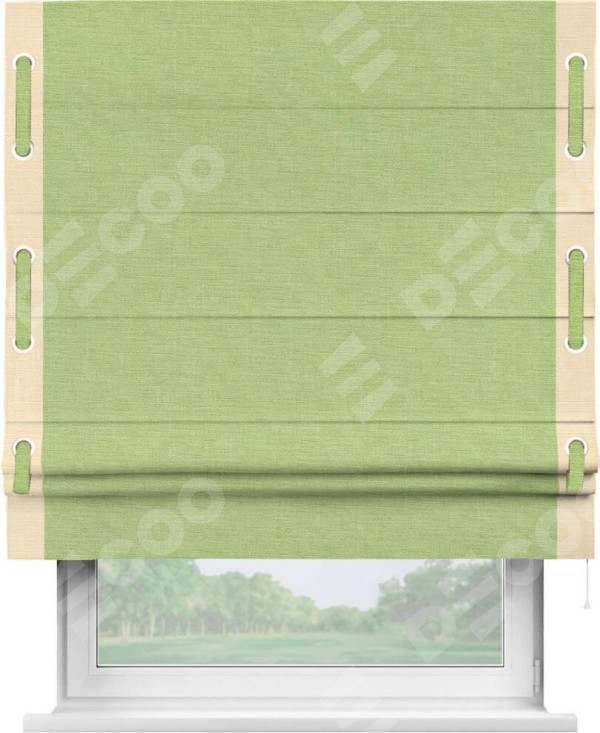 Римская штора «Кортин» с кантом Стрим Дуо (люверсы с пояском), для проема, ткань лён зеленый