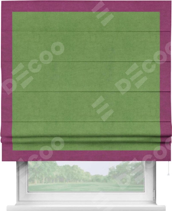 Римская штора «Кортин» с кантом Чесс, для проема, ткань вельвет салатовый