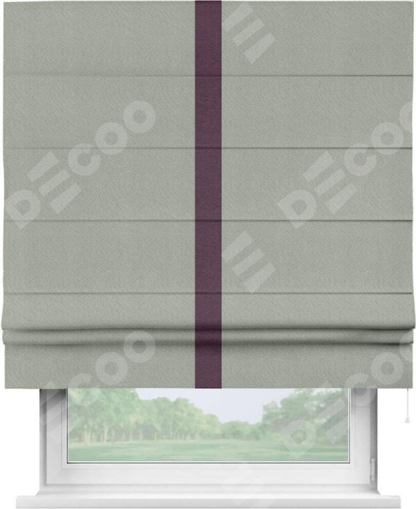 Римская штора «Кортин» отделка кантом Хайвэй, для проема, ткань лён димаут, в сером цвете