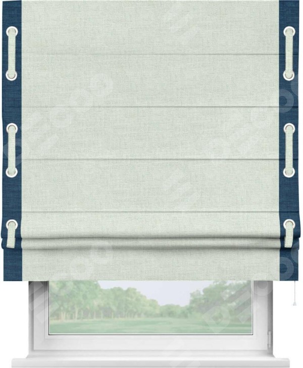 Римская штора «Кортин» для проёма, лён топлёное молоко, с кантом Стрим Дуо (люверсы с пояском)
