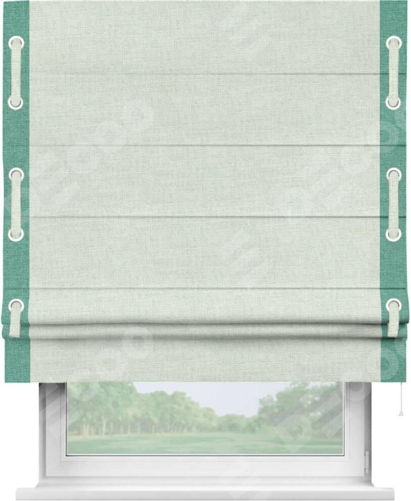 Римская штора «Кортин» для проёма, лён топлёное молоко, с кантом Стрим Дуо (люверсы с пояском)