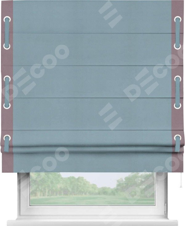 Римская штора «Кортин» с кантом Стрим Дуо (люверсы с пояском), для проема, ткань блэкаут однотонный серо-голубой