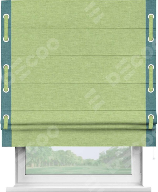 Римская штора «Кортин» с кантом Стрим Дуо (люверсы с пояском), для проема, ткань лён зеленый