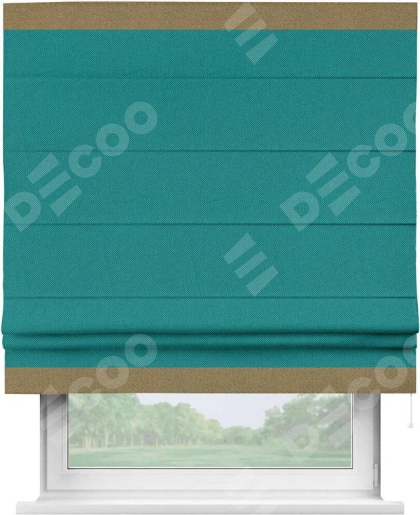 Римская штора «Кортин» с кантом Горизонт, для проема, ткань лён димаут, тёмно-бирюзовый