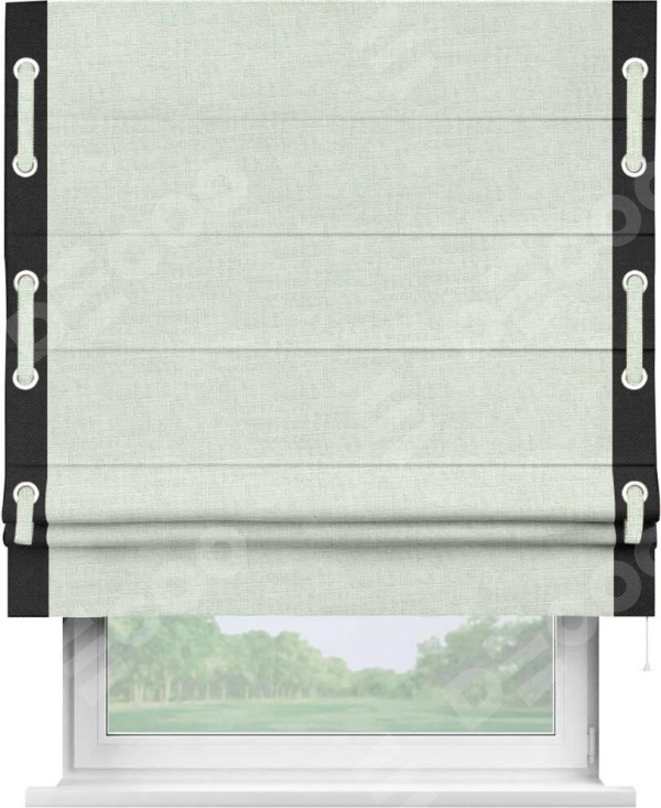 Римская штора «Кортин» для проёма, лён топлёное молоко, с кантом Стрим Дуо (люверсы с пояском)