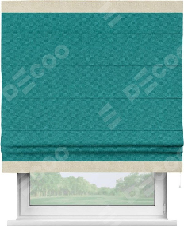 Римская штора «Кортин» с кантом Горизонт, для проема, ткань лён димаут, тёмно-бирюзовый