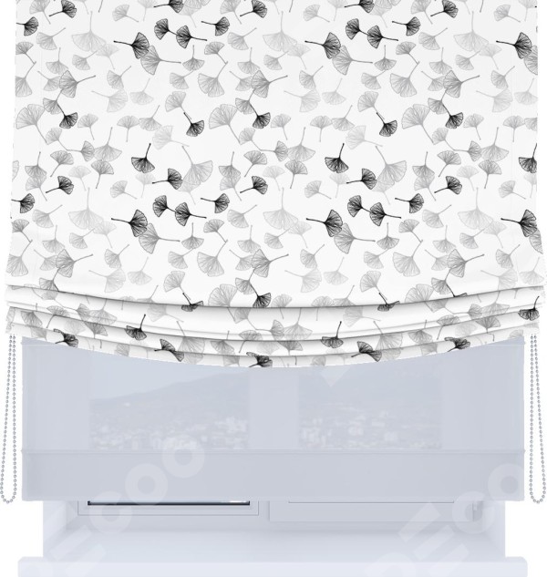 Римская штора «Кортин», день-ночь с мягкими складками, «Дымчатые листочки»